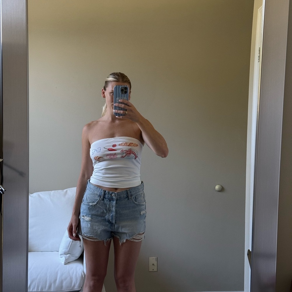 Peppermayo White Strapless Crop Top with Graphic